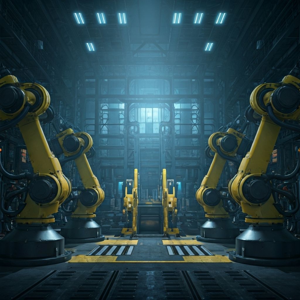 Futuristic industrial robotics arm working on an assembly line in a modern smart factory